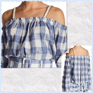 BLUE/CREAM PLAID OFFSHOULDER BELL FLARED SLEEVE TOV TOP SIZE MED